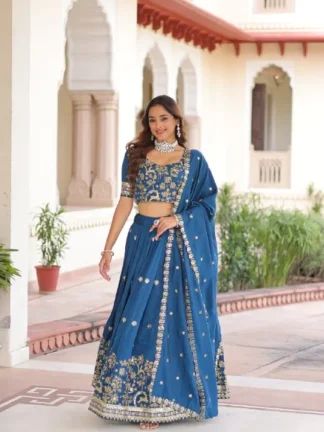 Ethnic Luxe Edit: Vichitra Silk Lehenga with Intricate Embroidery & Lace Border