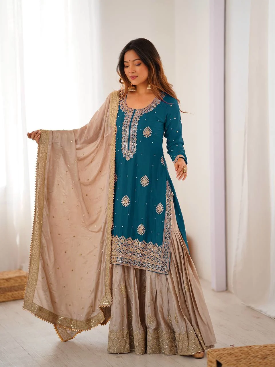 Classic Blue Chinnon Silk Kurti & Flared Sharara With Dupatta