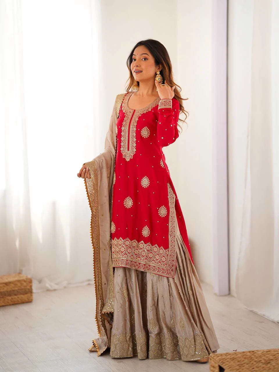 Graceful Red Kurti & Sharara Ensemble with Heavy Embroidered Dupatta
