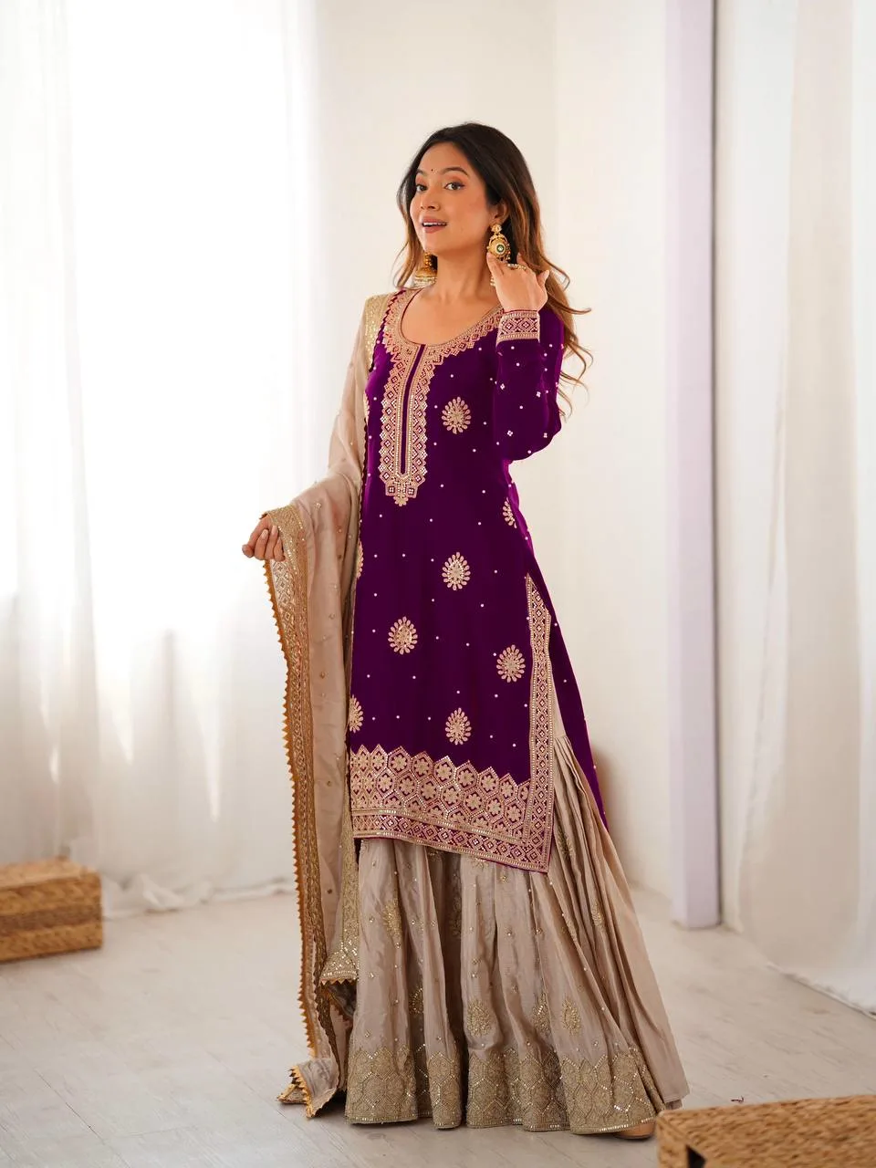 Royal Purple Chinon Silk Sharara Set with Pearl Embroidery