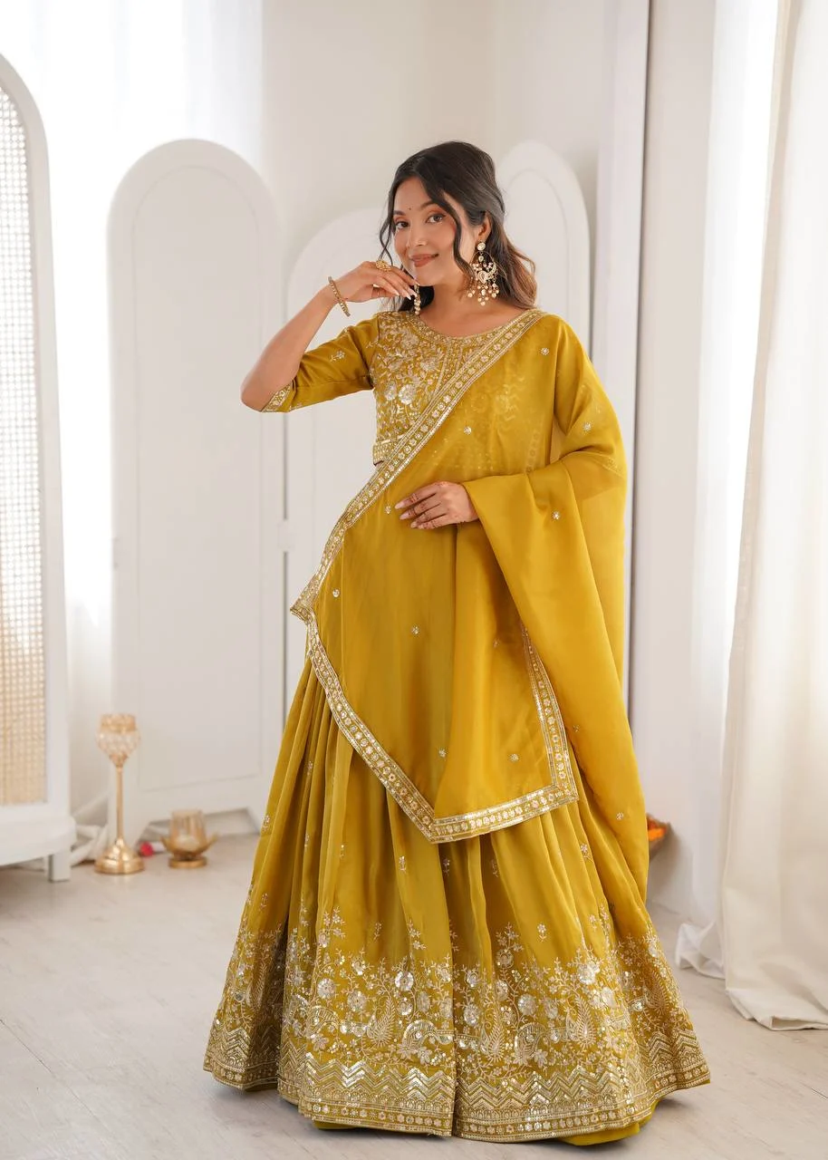 Designer Party Wear Mustard Yellow Lehenga Choli with Dupatta