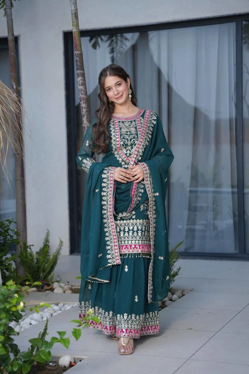 Ethnic Grace: Georgette Sequence Work 3-Piece Palazzo Ensemble