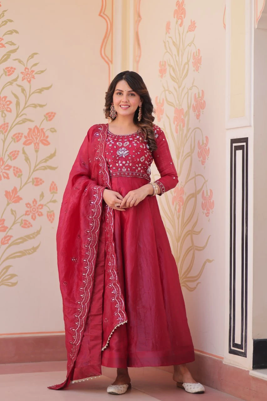Graceful Full-Length Beads Work Gown with Designer Lace Border Dupatta