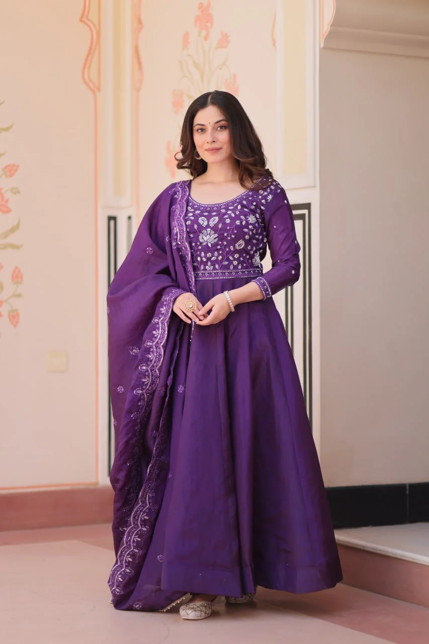 Stylish Fancy Neck Gown with Beads Embroidery & Flowing Dupatta