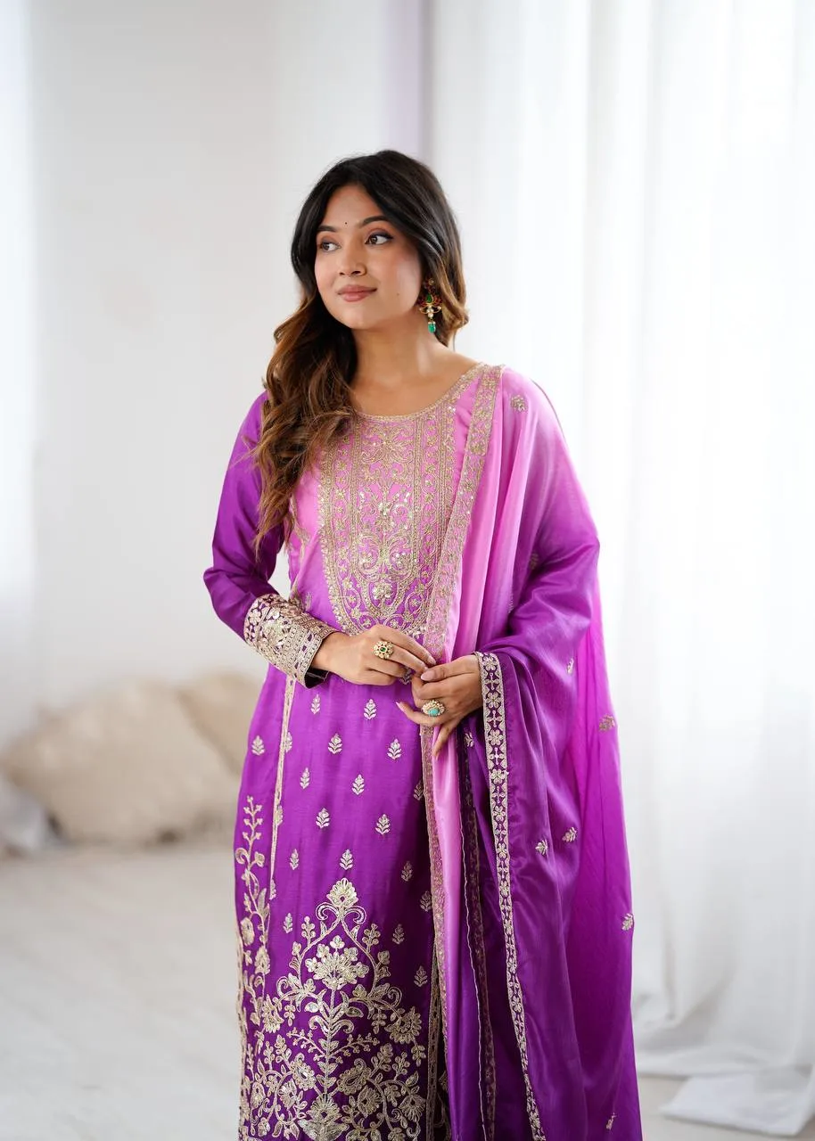 Graceful Glam: Designer Shaded Chinon Silk Top with Palazzo & Embroidered Dupatta Set