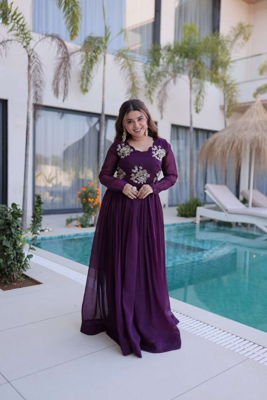 Party Wear Silver Crunchy Gown with Intricate Beads Embroidery