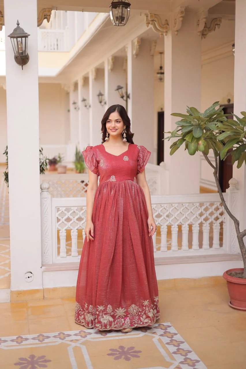 Designer Fancy V-Neck Gown with Embroidery & Frill Sleeve Detailing