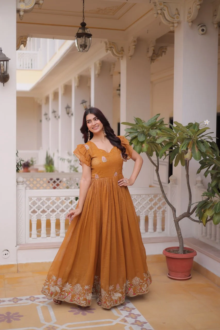 Trendy Silver Crunchy Gown with V-Neck & Designer Sleeve Pattern