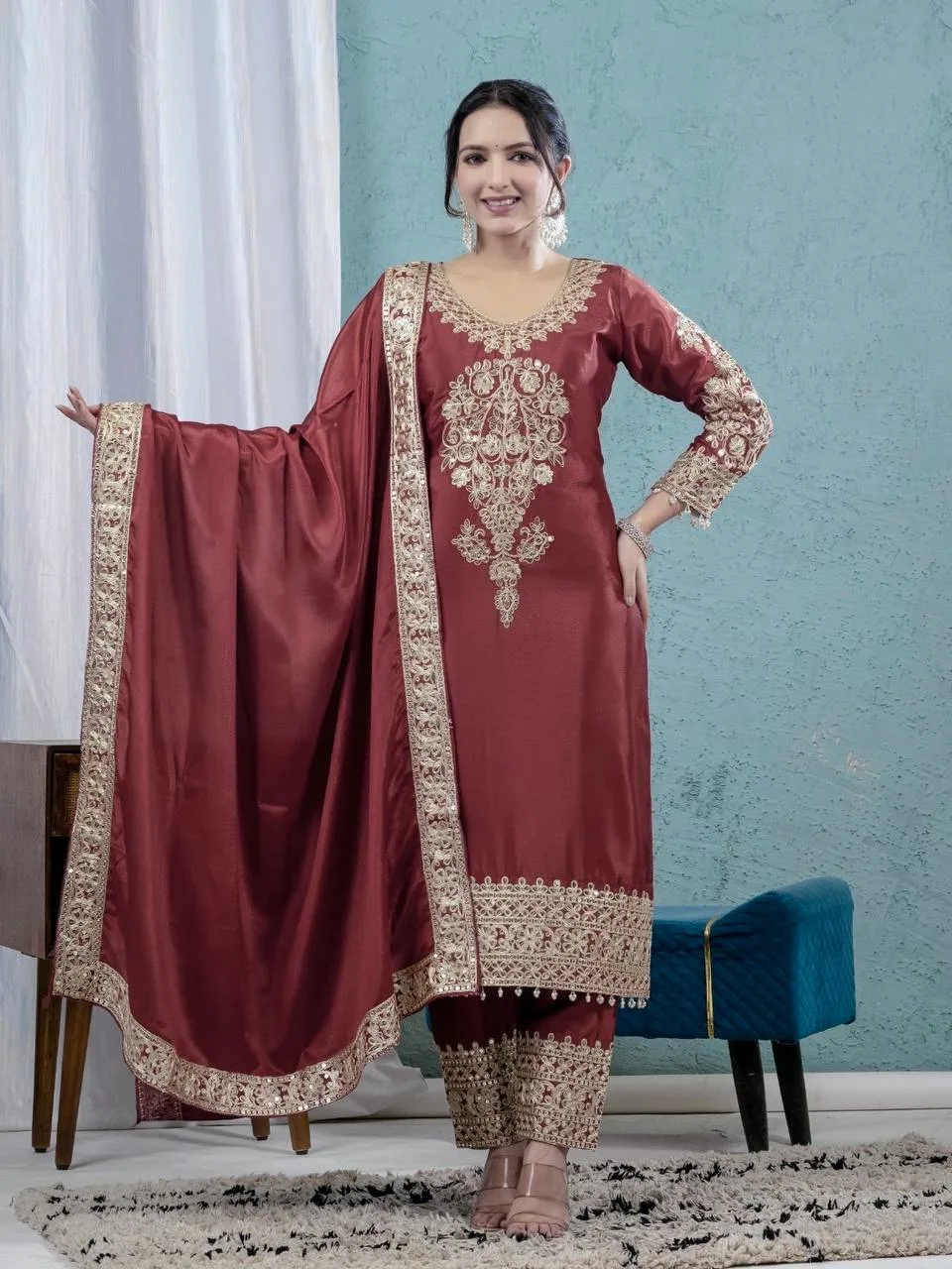 Designer Maroon Silk Suit with Intricate Coding Sequence Work