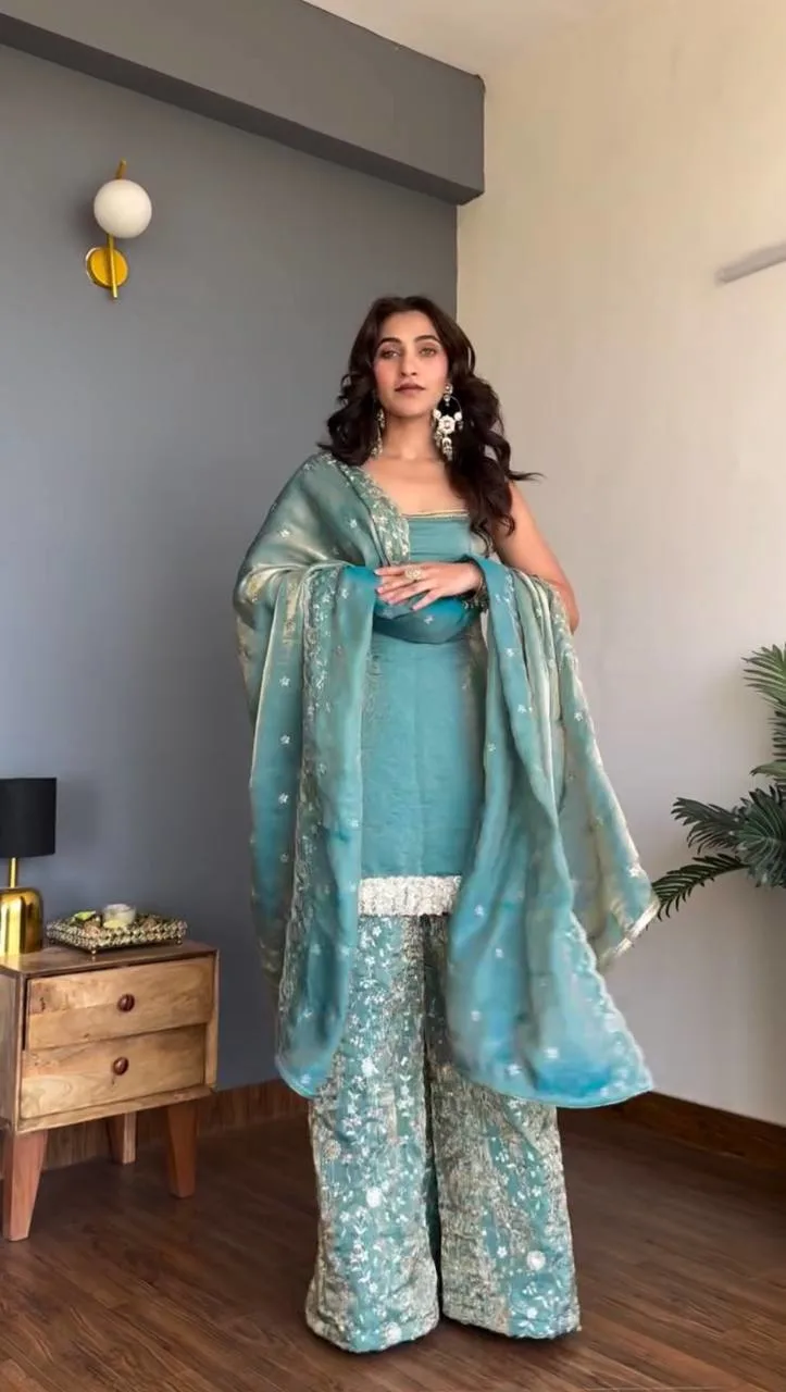 Modern Ethnic Elegance: Fendy Silk Top Palazzo Set with Detailed Dupatta