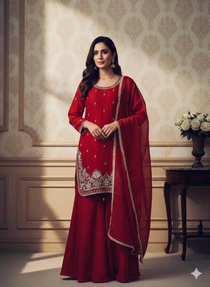 Designer Eid Wear: Royal Red Top Palazzo & Dupatta Set