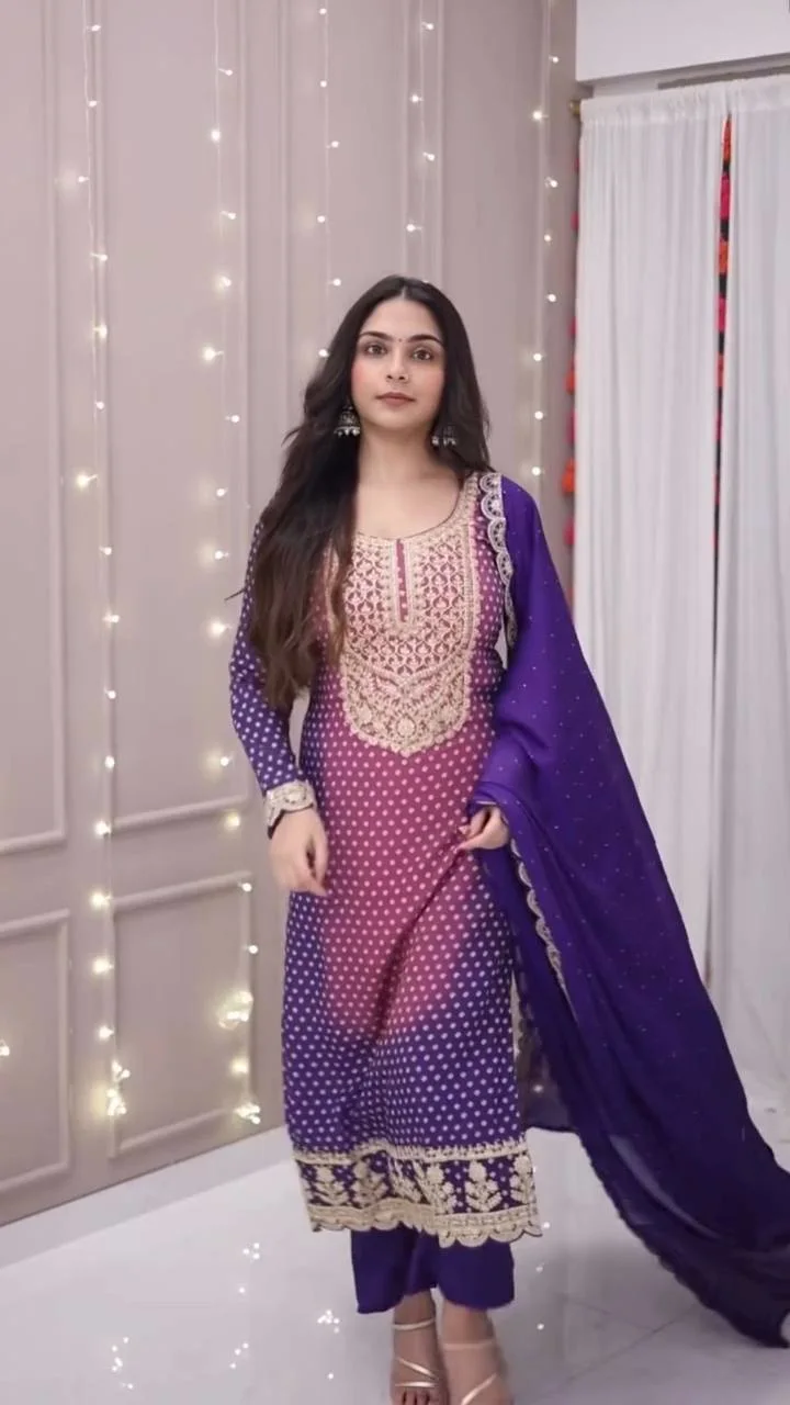 Glam Ethnic Edit: Printed Chinon Outfit with Embroidery & Designer Dupatta