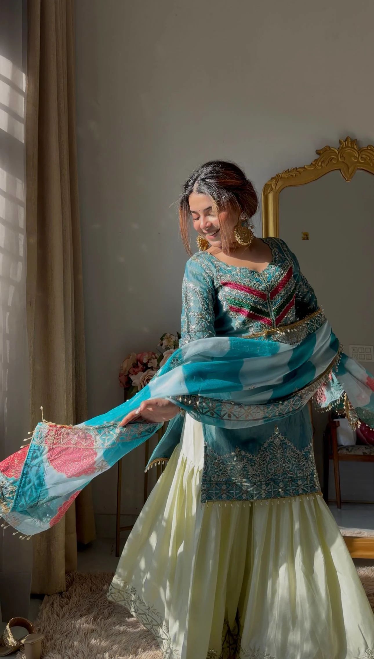 Festive Royalty: Fendy & Crepe Palazzo Set with Intricate Embroidery & Organza Dupatta