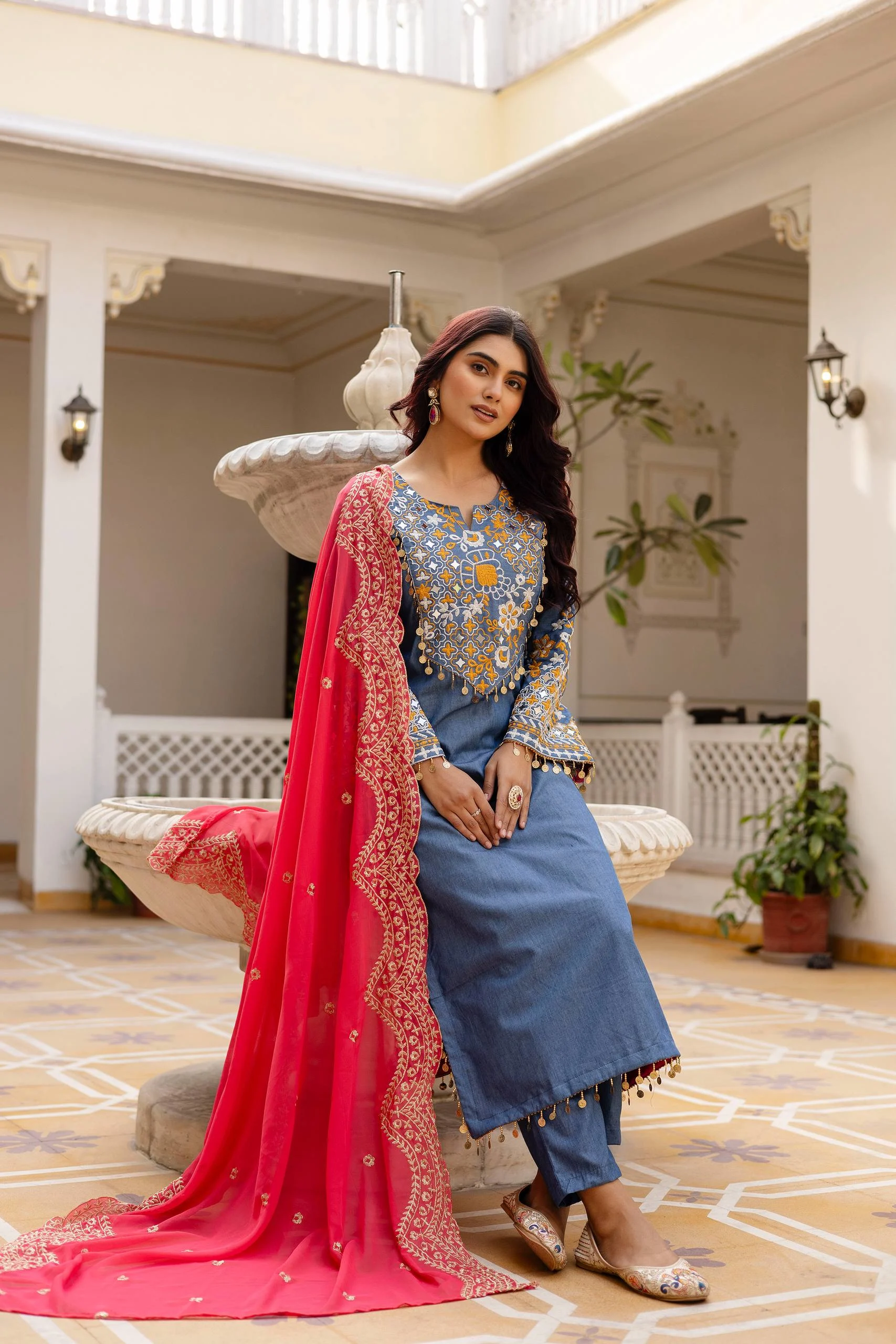 Summer Style Edit: Denim Cotton Kurti Set with Heavy Embroidery & Lace Work