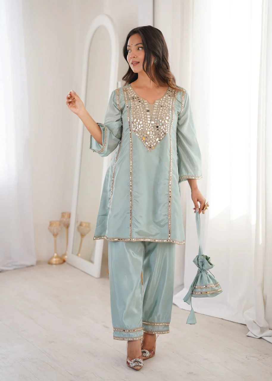 Glam Ethnic Look: Mirror Embroidered Kurti with Pant & Matching Batwa