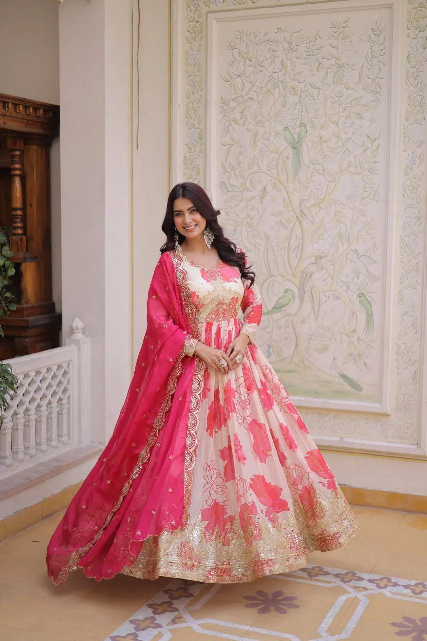 Party Wear Russian Silk Anarkali with Flair & Embroidered Dupatta