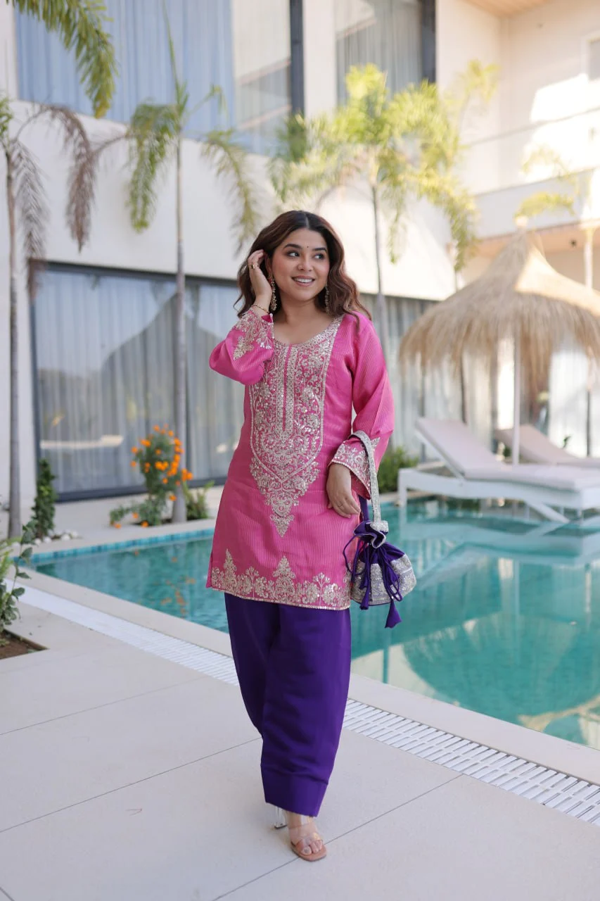 Glamorous Vibes: Embroidered Top with Bell Sleeves, Pant & Batwa