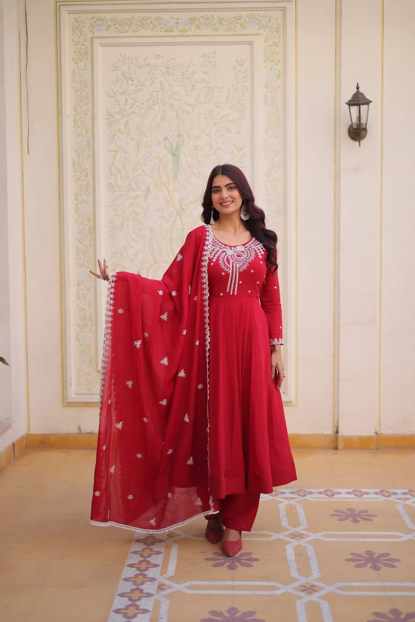Wedding Ready Glam: Designer Gown with Flair & Embroidered Dupatta
