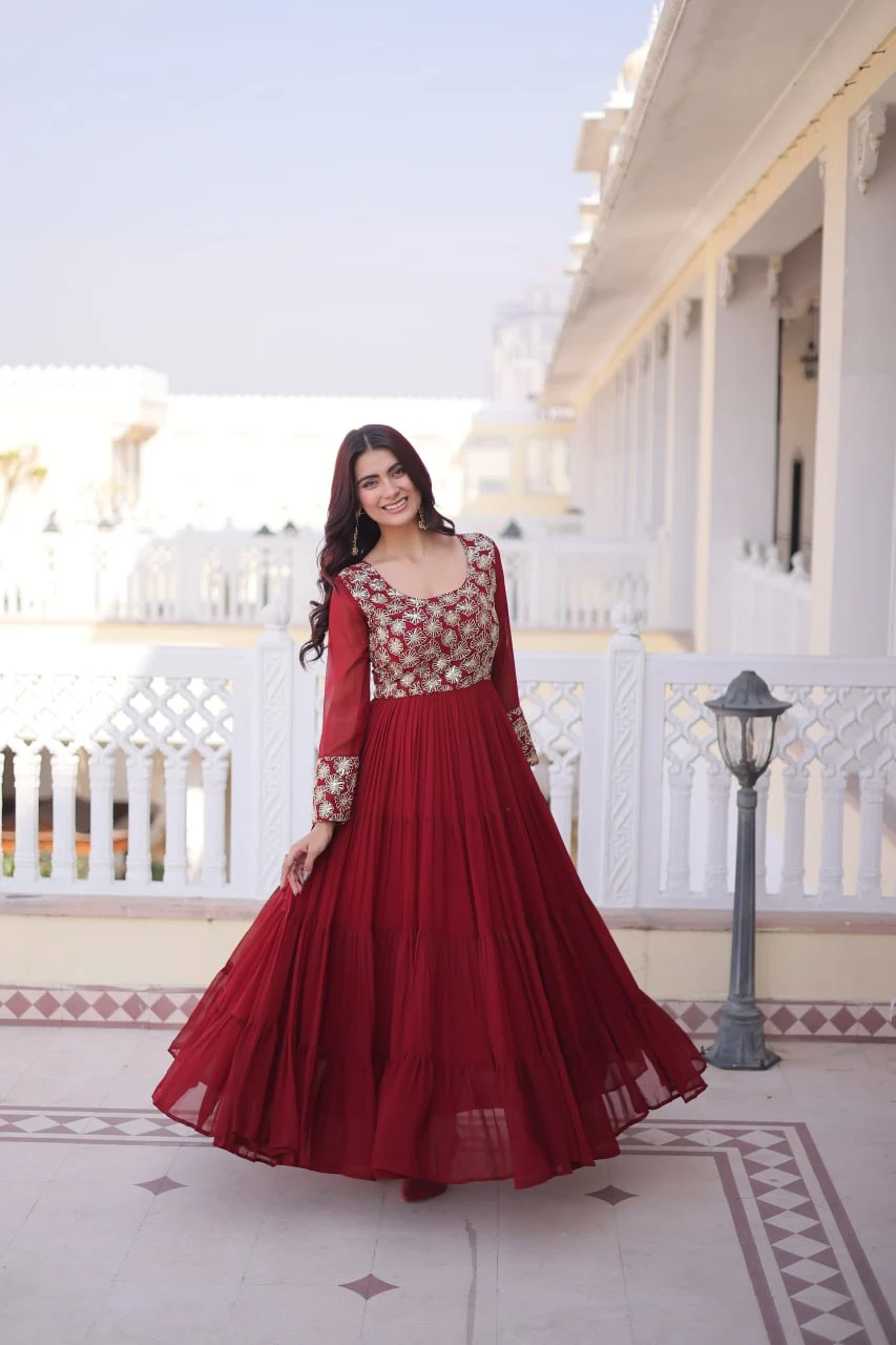Graceful Four-Layer Frill Gown with Rich Zari & Sequins Design
