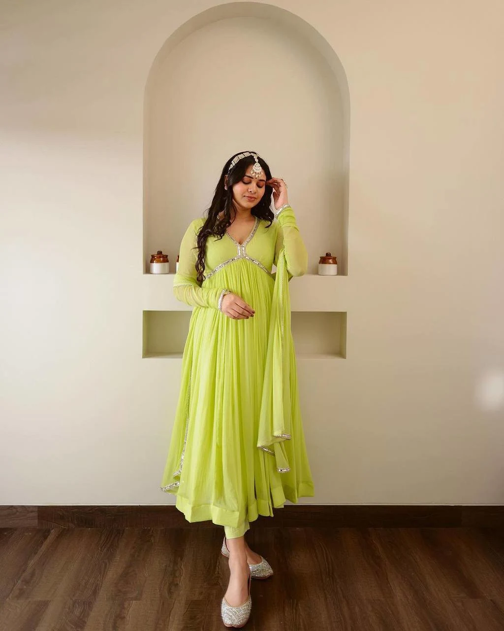 Noorani Lime Flare Gown with Elegant Mirror Accents