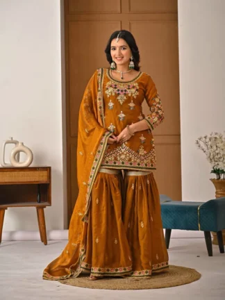 Traditional Fandy Silk Sharara Suit with Elegant Handwork Design