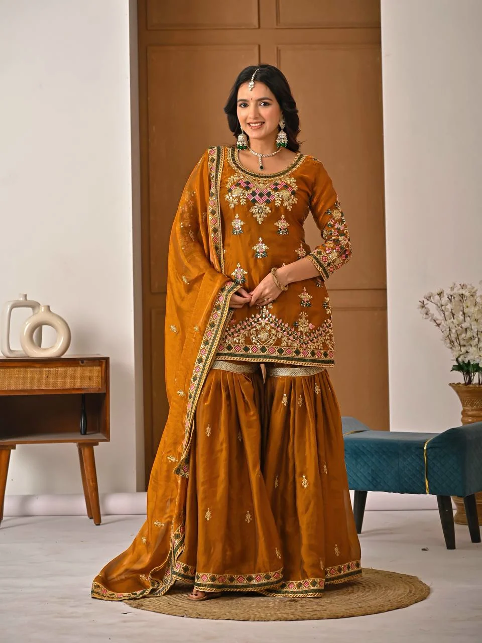 Traditional Fandy Silk Sharara Suit with Elegant Handwork Design