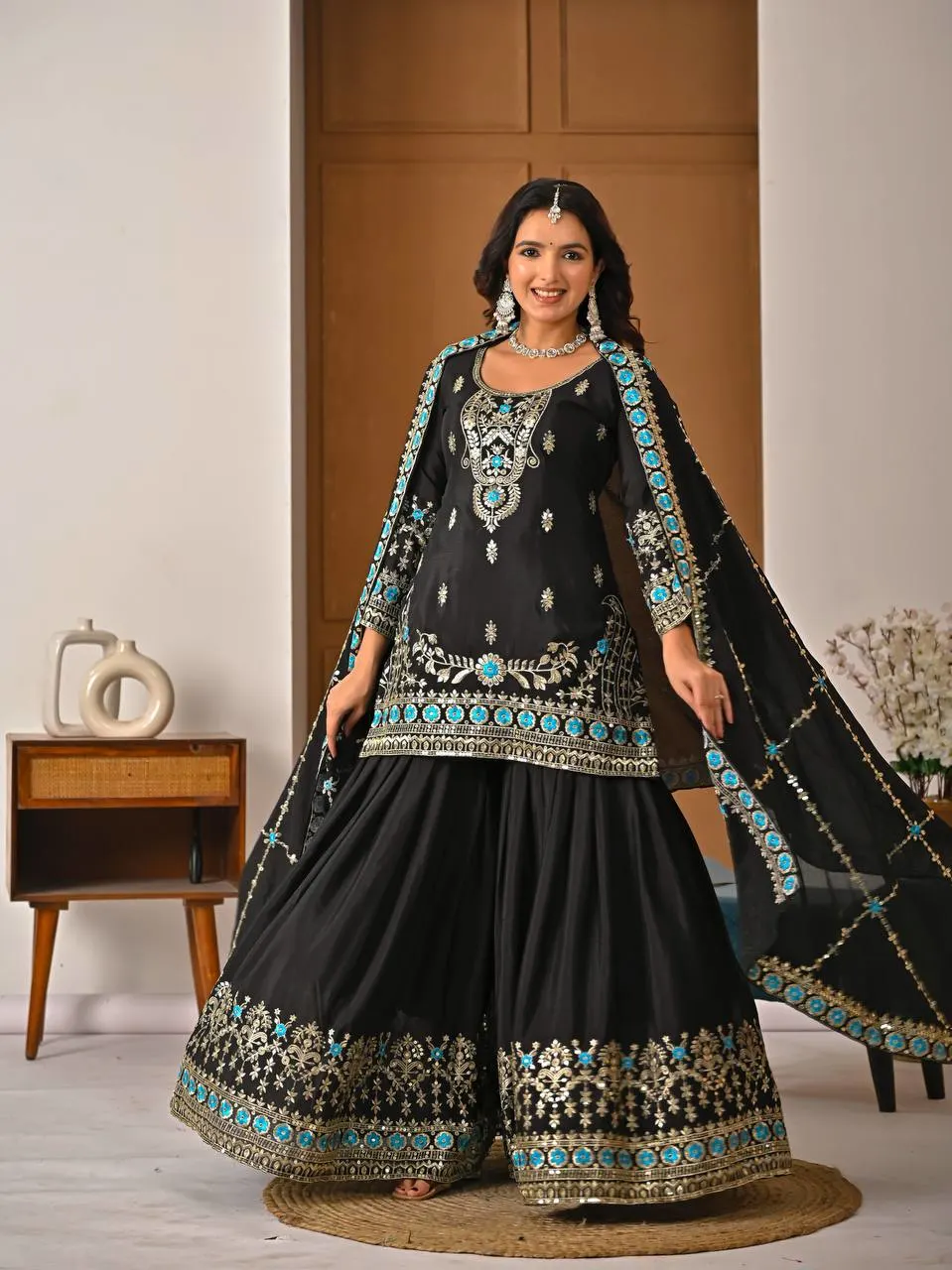 Black Vichitra Silk Sharara Suit with Blue Embroidery & Dupatta