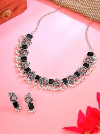 Silver-Plated Oxidized Black Peacock Designed Jewellery Set