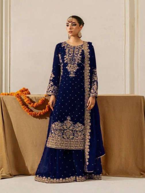 Royal Blue Winter Wear Velvet Embroidered Sequence Work Suit Set for Festive Nights Wear