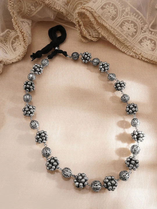 Women Brass Oxidised Beaded Statement Long Necklace