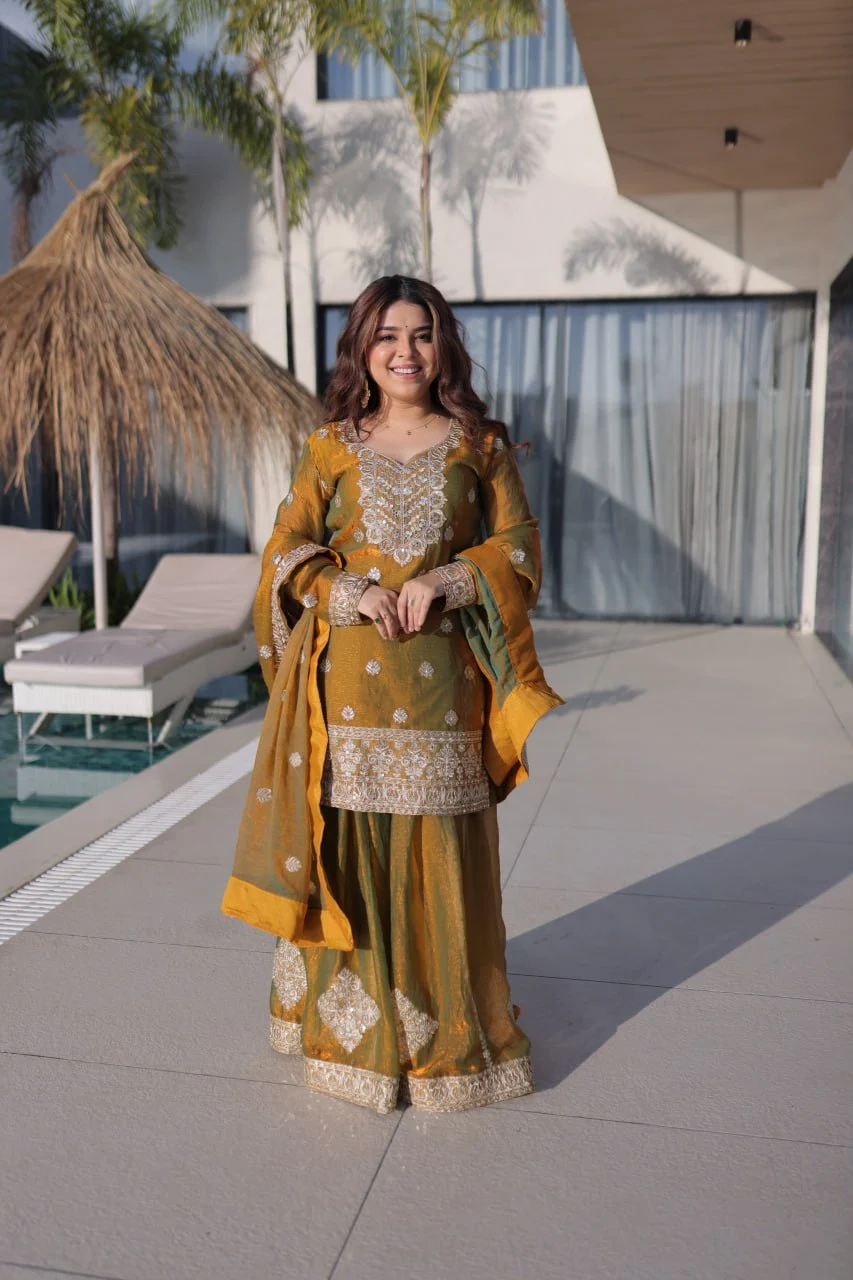 Mustard Olive Fendi Chiffon Embroidered Sharara Suit with Dupatta