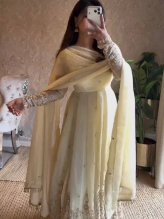 Elegant Cream Designer Anarkali Set with Sequins Embroidery