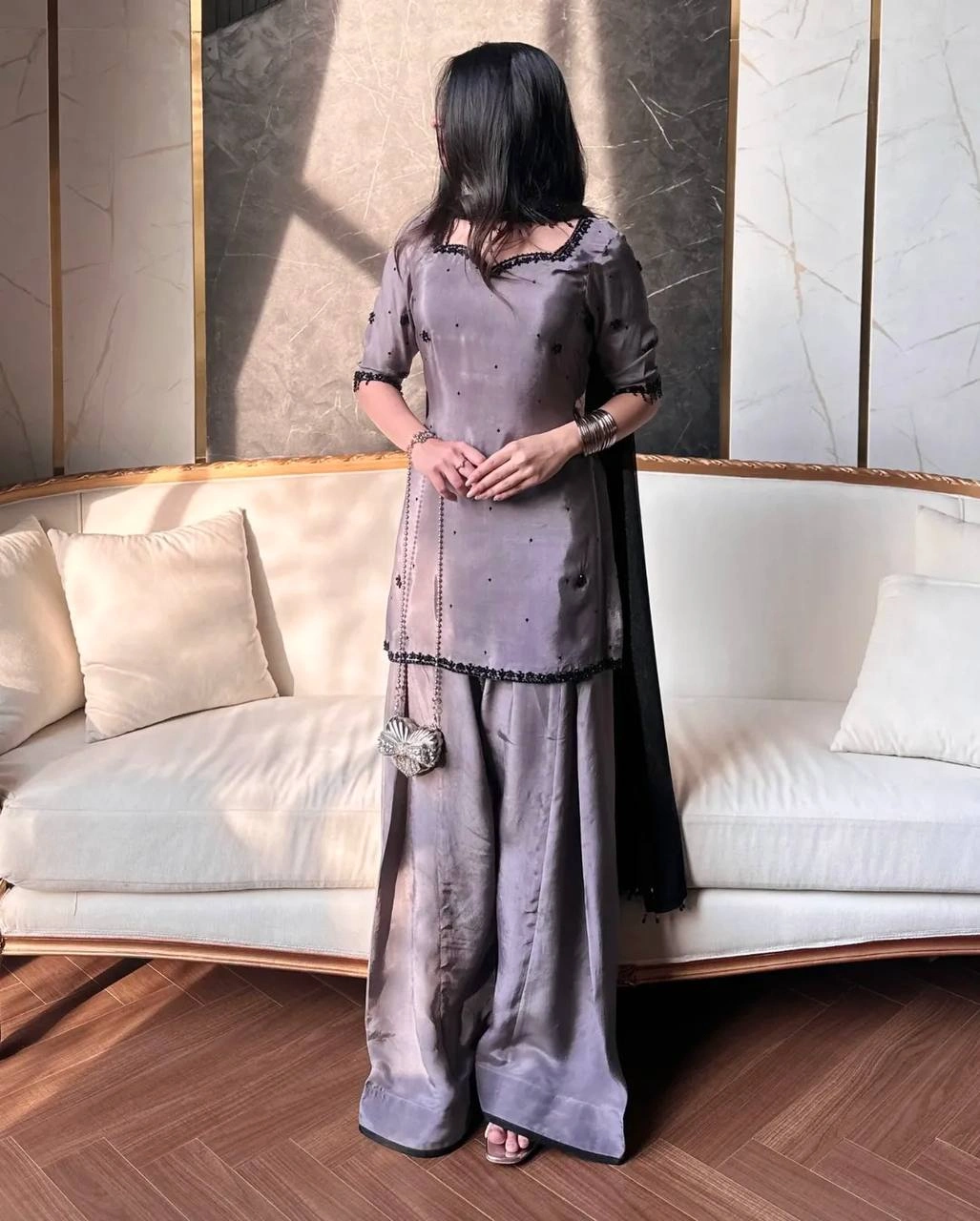 Chic Grey Festive Kurti Palazzo Suit with Dupatta