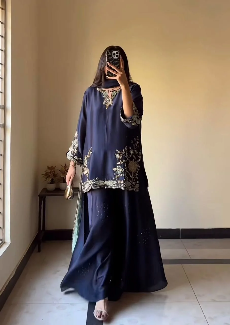 Navy Blue Designer Kurti Palazzo Set with Embroidered Dupatta