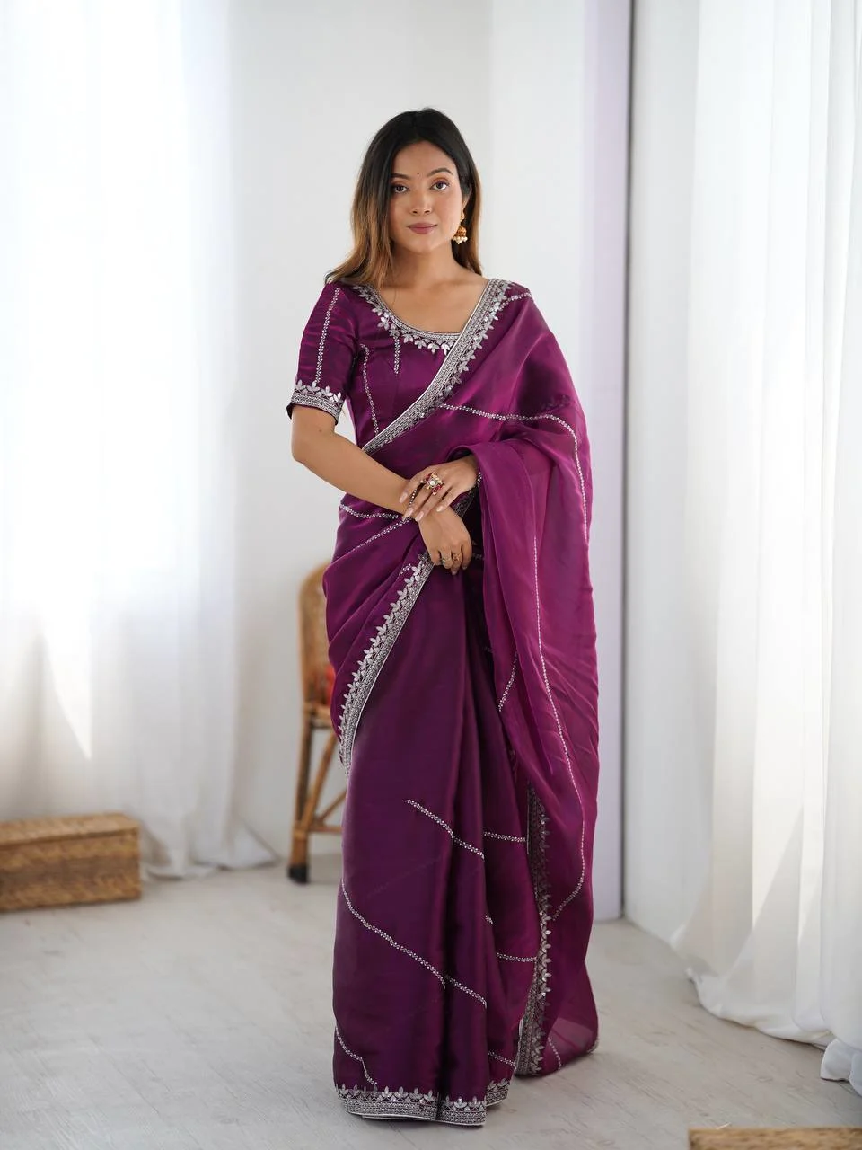 Luxury Wine Silk Saree with Intricate Thread Sequnce Work & Designer Blouse