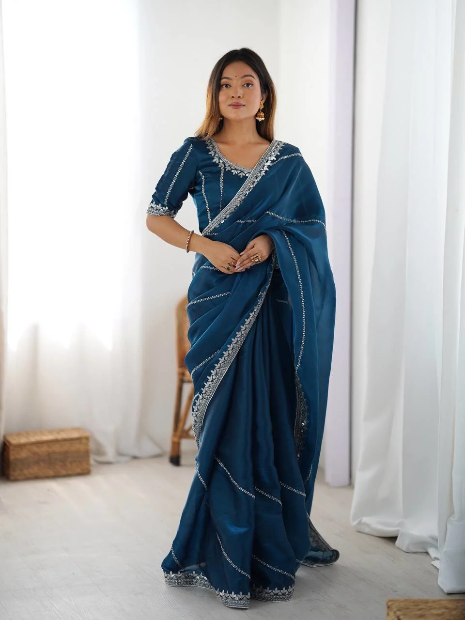 Teal Blue Silk Saree & Blouse With Thread & Sequin Work