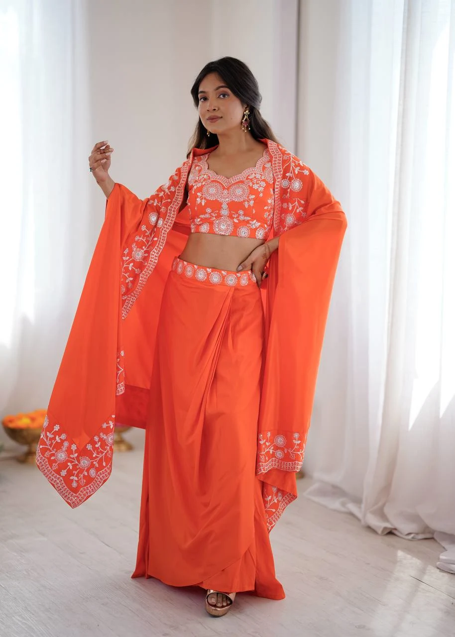 Bold & Beautiful Orange Dhoti Set with Designer Choli & Shrug