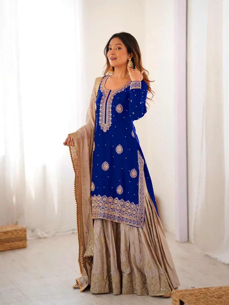 Elegant Blue Kurti Sharara Set with Sequence & Pearl Work