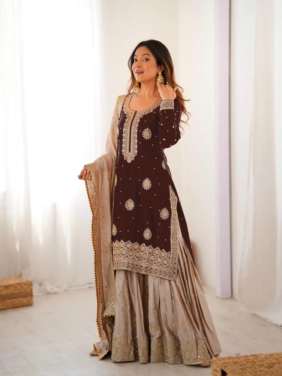 Premium Chinon Silk Brown Sharara Outfit with Rich Detailing