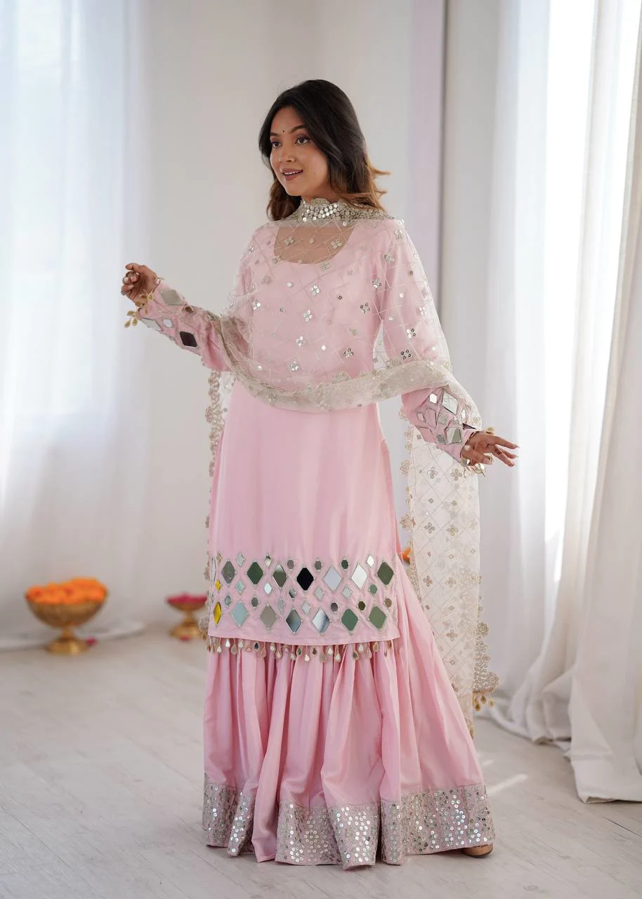 Baby Pink Mirror Work Sharara Set with Net Dupatta