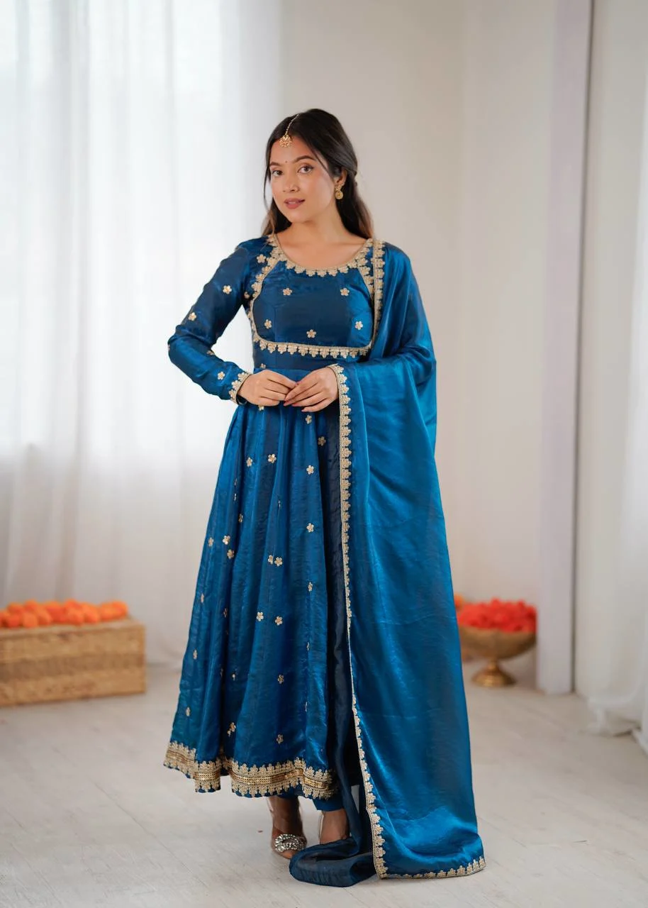 Stunning Teal Blue Gown Outfit with Pent & Dupatta : Classy & Trendy