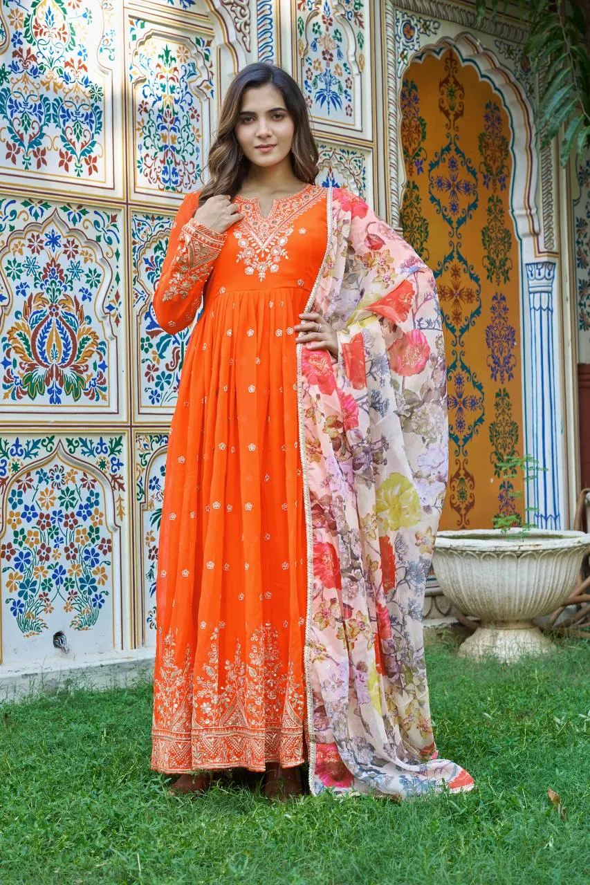 Wedding & Festive Special Orange Anarkali Gown & Pent With Organza Dupatta