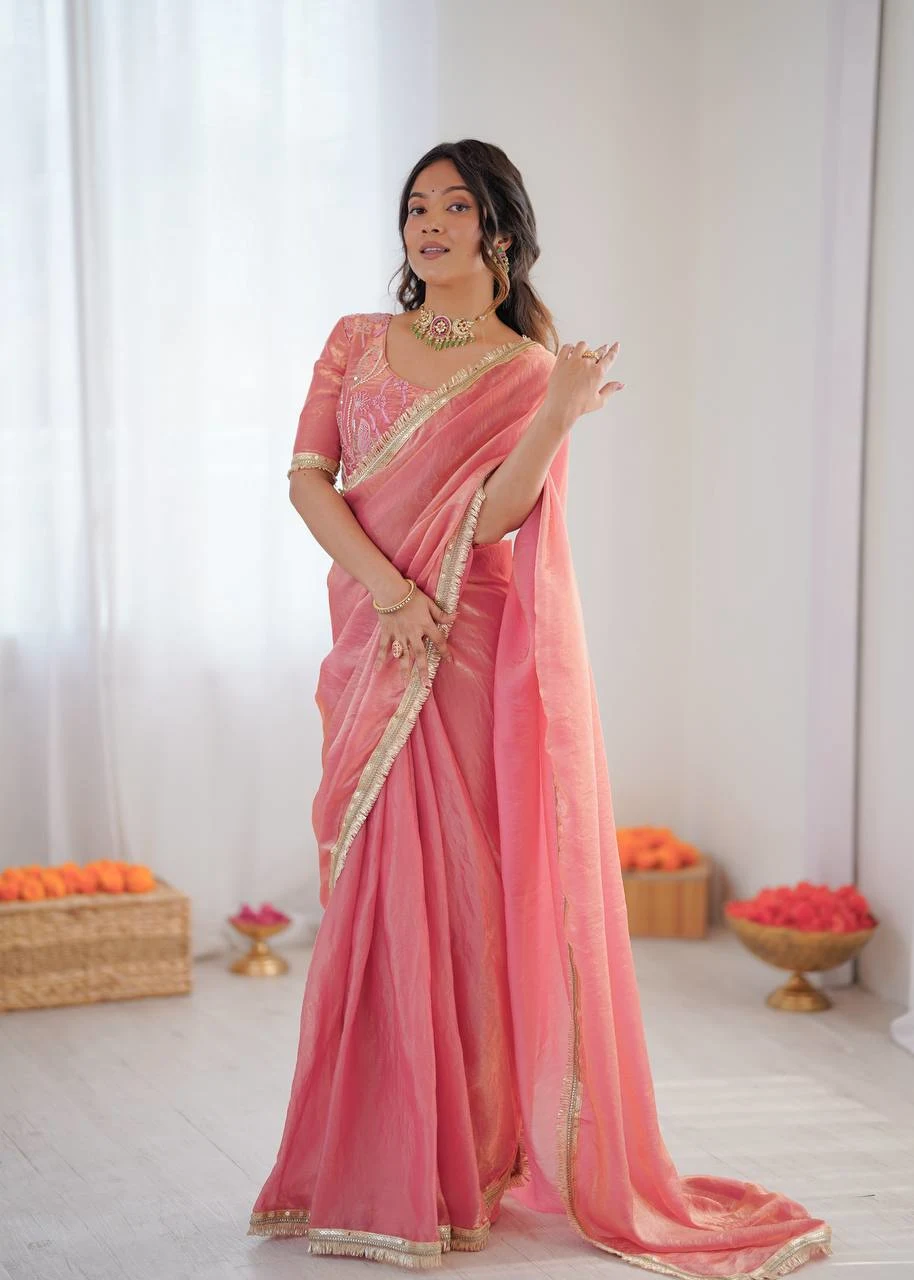 Elegant Peach Fendy Silk Ready-to-Wear Saree with Embroidered Blouse