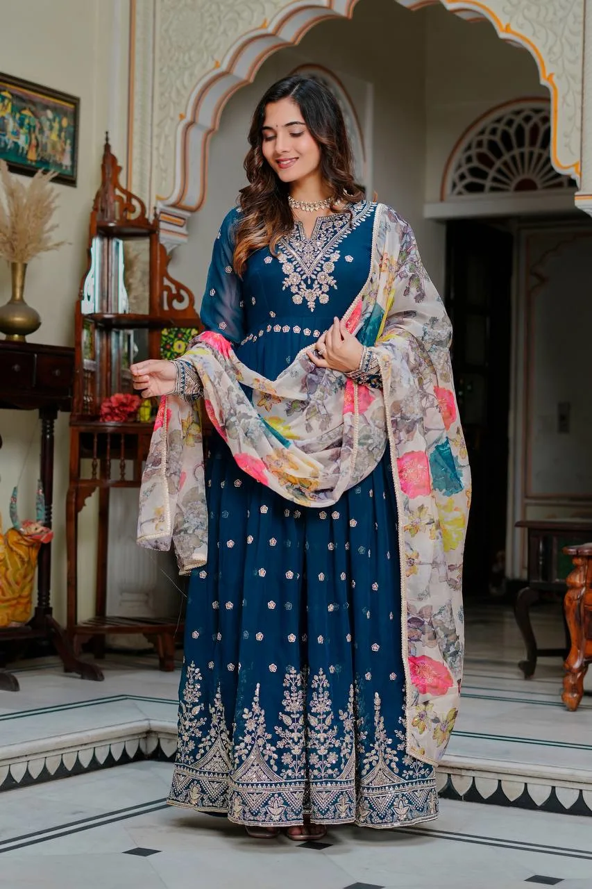 Traditional Navy Blue Georgette Anarkali Gown With Floral Dupatta