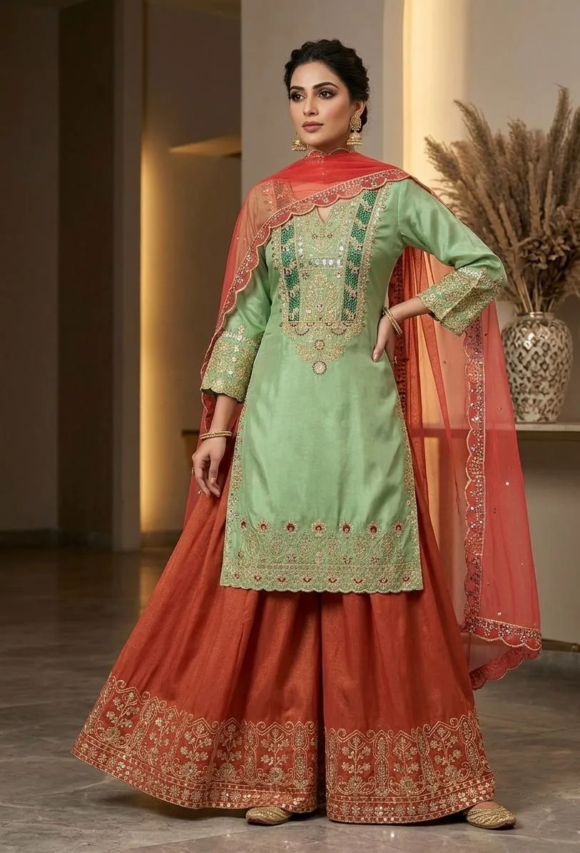 Elegant Pista Green Kurta Palazzo Set with Organza Dupatta & Sequence Embroidery Work