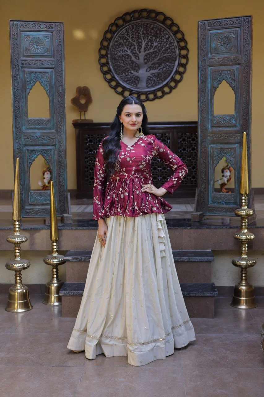 Stylish Magenta Pink Floral Peplum Kurti with Flowy Cream Lehenga - Traditional Outfit