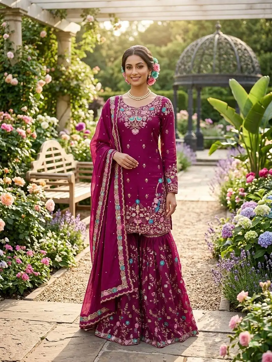 Trendy Eid Outfit Ethnic Kurta Sharara with Elegant Embroidered Dupatta