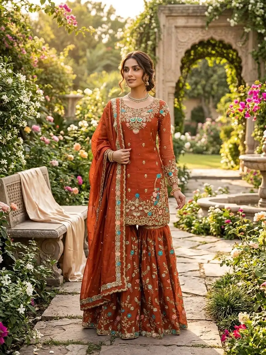 Trendy Eid Wear Ethnic Kurta Sharara with Elegant Embroidered Dupatta