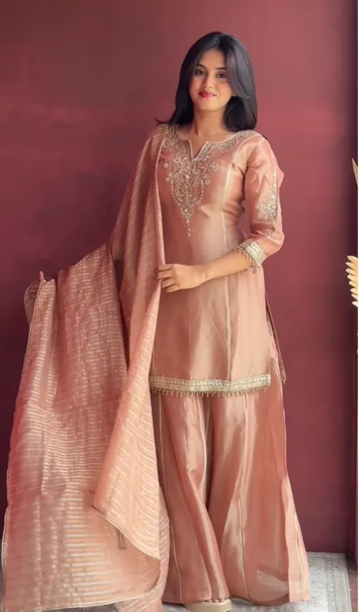 Soft Peach Traditional Lightweight Dupatta with Embroidered Kurta and Sharara