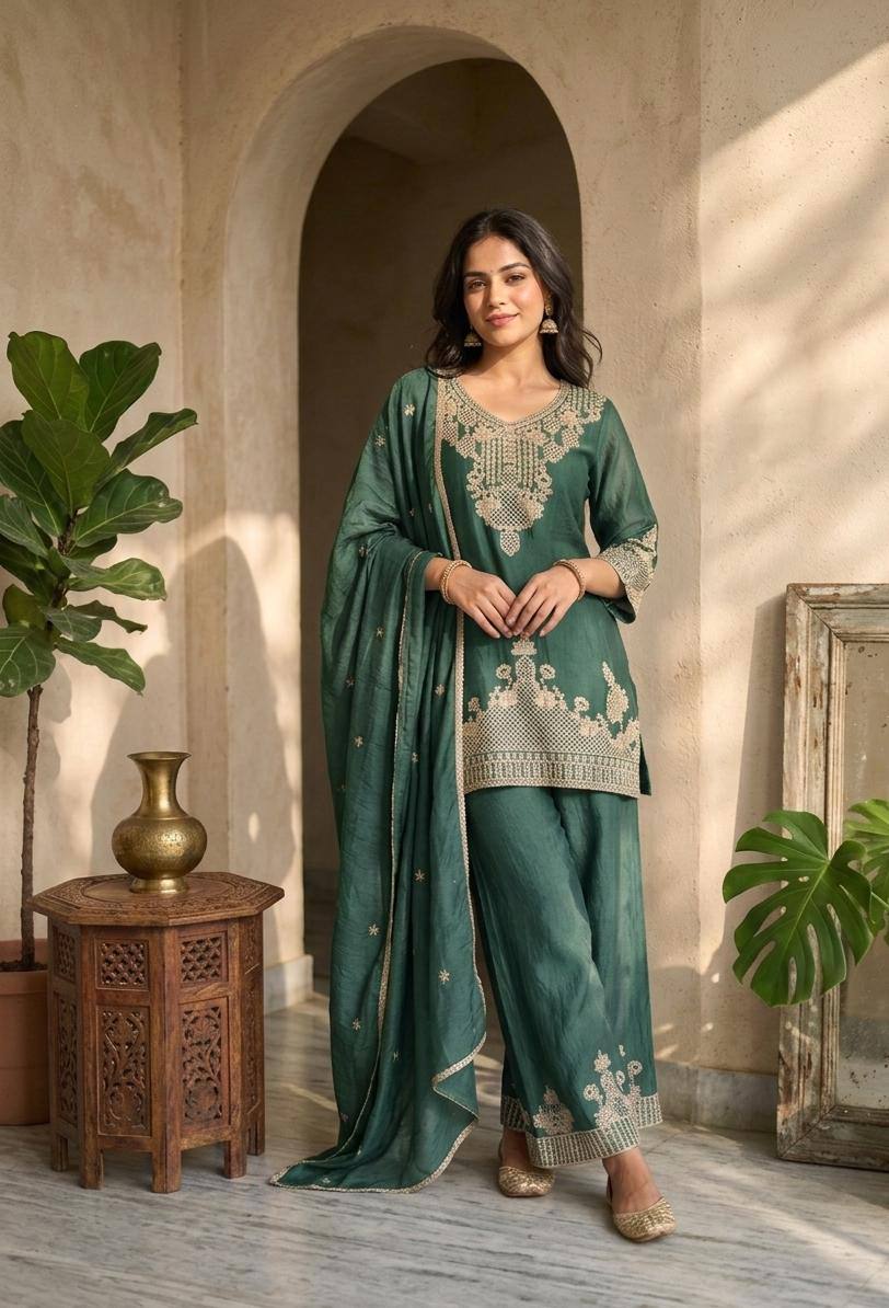 New Arrival Green Eid Wear Kurta Palazzo Dupatta Set for Women